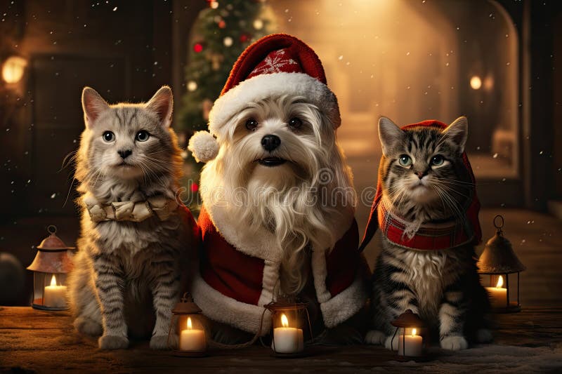 Hund och katt klädd i tomtekonst samlade runt ett vackert julträd stock illustrationer