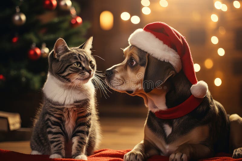 Hund och katt klädd i tomtekonst samlade runt ett vackert julträd stock illustrationer