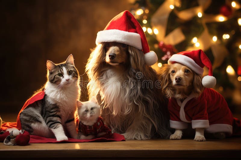 Hund och katt klädd i tomtekonst samlade runt ett vackert julträd stock illustrationer