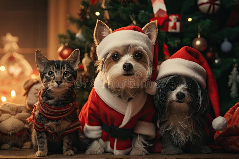 Hund och katt klädd i tomtekonst samlade runt ett vackert julträd stock illustrationer
