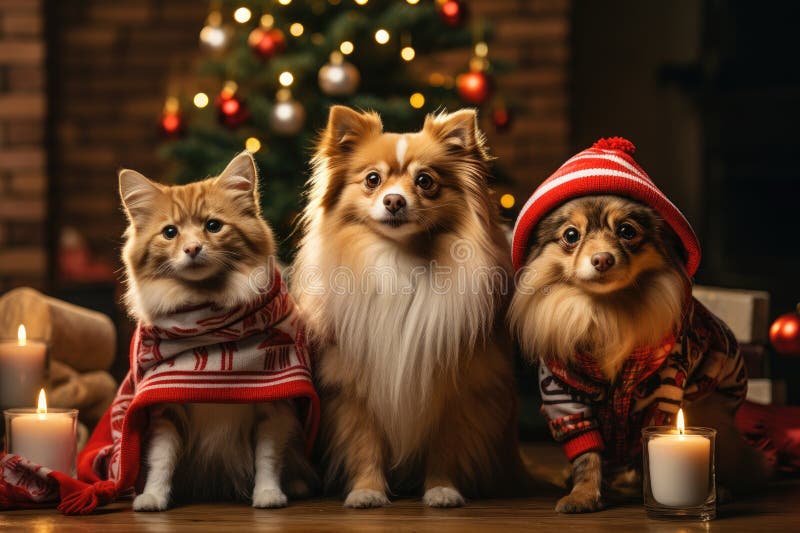 Hund och katt klädd i tomtekonst samlade runt ett vackert julträd stock illustrationer