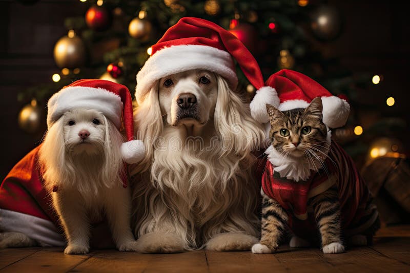 Hund och katt klädd i tomtekonst samlade runt ett vackert julträd vektor illustrationer