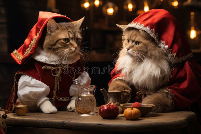 Hund och katt klädd i tomtekonst samlade runt ett vackert julträd stock illustrationer