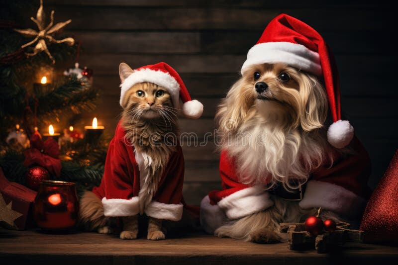 Hund och katt klädd i tomtekonst samlade runt ett vackert julträd royaltyfri illustrationer