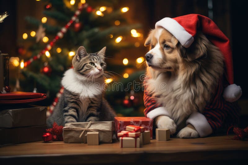 Hund och katt klädd i tomtekonst samlade runt ett vackert julträd vektor illustrationer