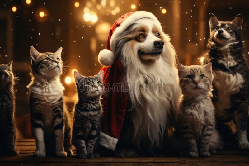 Hund och katt klädd i tomtekonst samlade runt ett vackert julträd vektor illustrationer