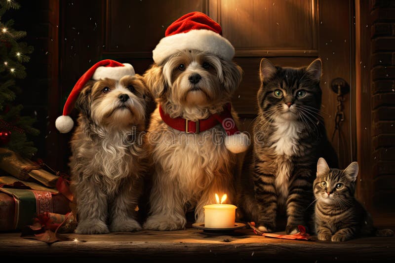 Hund och katt klädd i tomtekonst samlade runt ett vackert julträd stock illustrationer