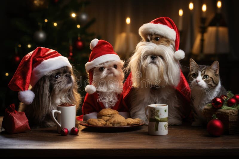 Hund och katt klädd i tomtekonst samlade runt ett vackert julträd vektor illustrationer