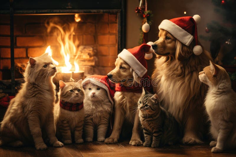 Hund och katt klädd i tomtekonst samlade runt ett vackert julträd vektor illustrationer