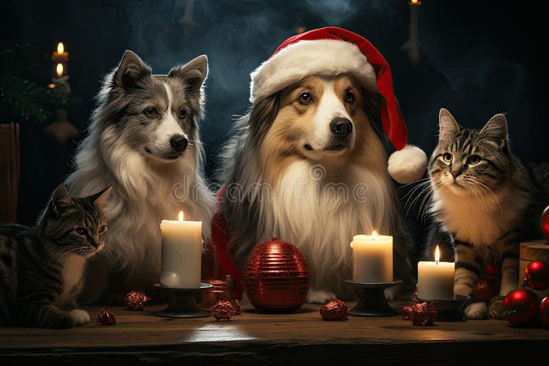 Hund och katt klädd i tomtekonst samlade runt ett vackert julträd stock illustrationer