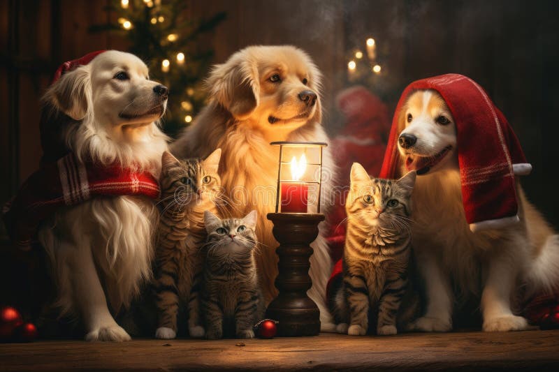 Hund och katt klädd i tomtekonst samlade runt ett vackert julträd royaltyfri illustrationer