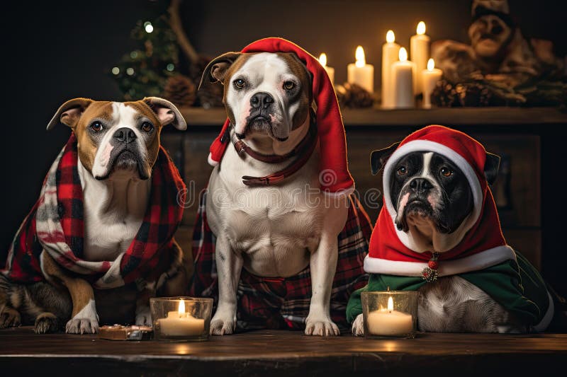 Hund och katt klädd i tomtekonst samlade runt ett vackert julträd royaltyfri illustrationer