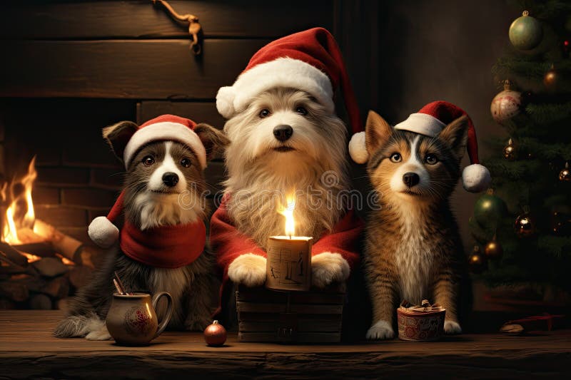 Hund och katt klädd i tomtekonst samlade runt ett vackert julträd royaltyfri illustrationer
