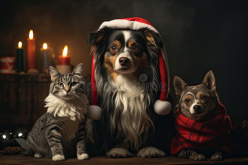 Hund och katt klädd i tomtekonst samlade runt ett vackert julträd stock illustrationer