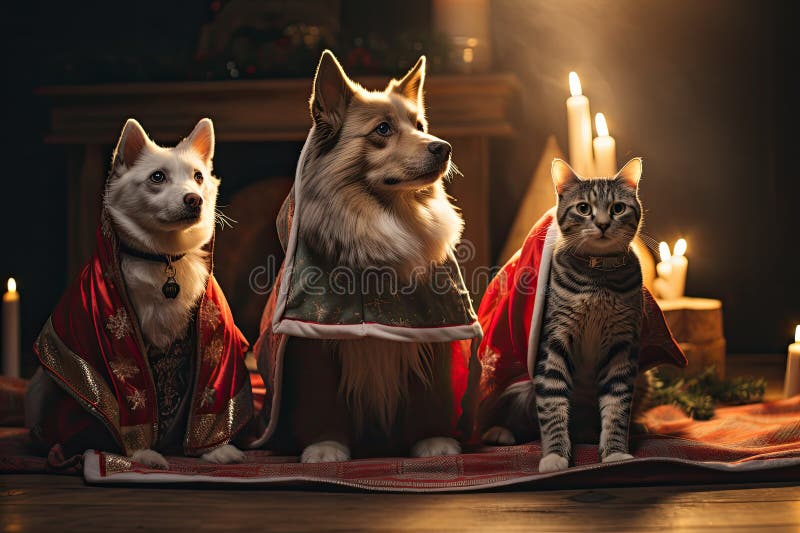 Hund och katt klädd i tomtekonst samlade runt ett vackert julträd stock illustrationer