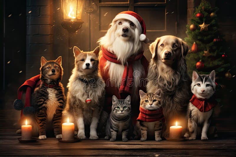 Hund och katt klädd i tomtekonst samlade runt ett vackert julträd royaltyfri illustrationer