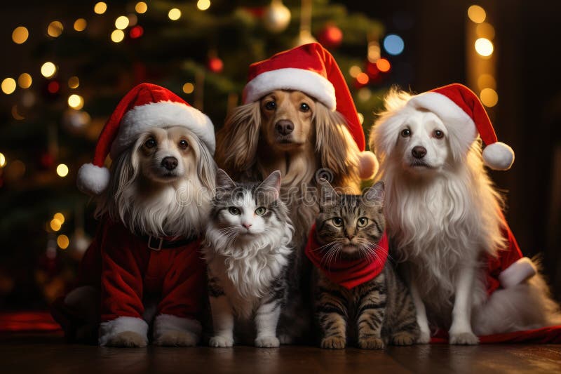 Hund och katt klädd i tomtekonst samlade runt ett vackert julträd vektor illustrationer