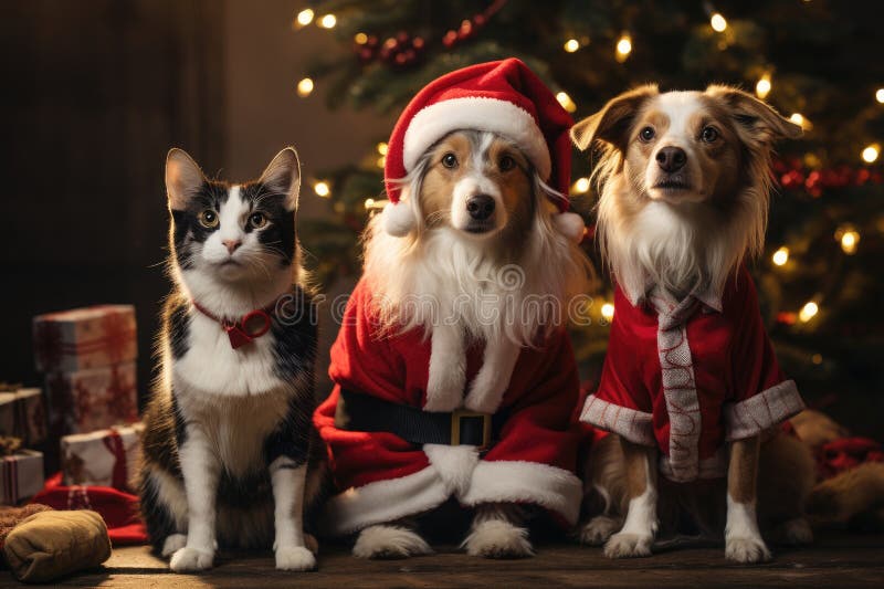 Hund och katt klädd i tomtekonst samlade runt ett vackert julträd vektor illustrationer