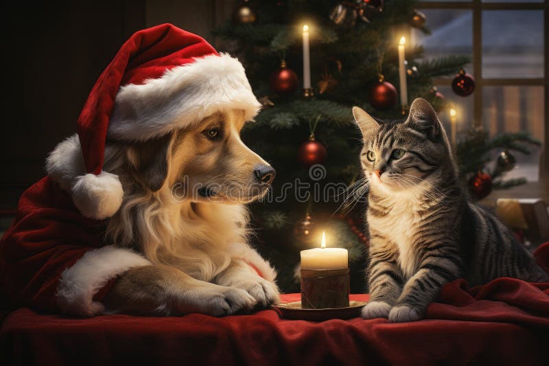 Hund och katt klädd i tomtekonst samlade runt ett vackert julträd vektor illustrationer