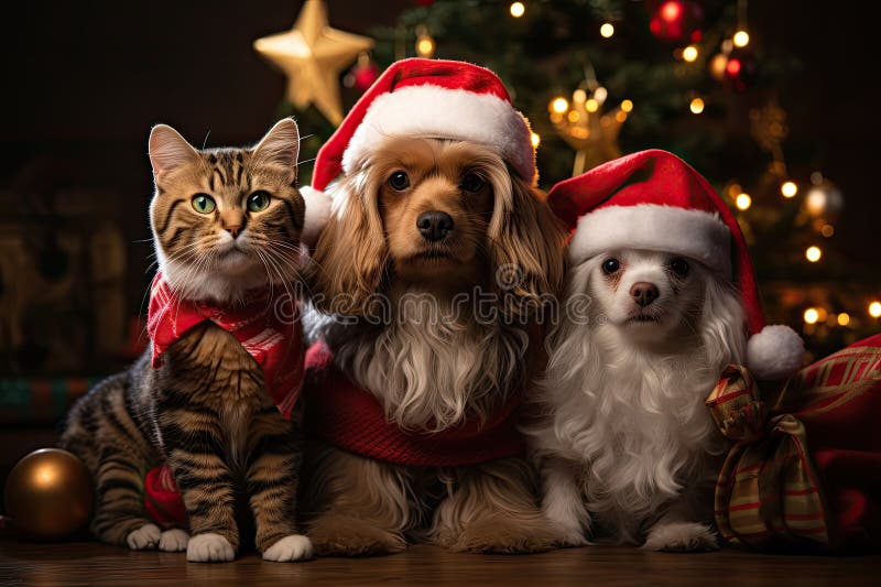 Hund och katt klädd i tomtekonst samlade runt ett vackert julträd stock illustrationer