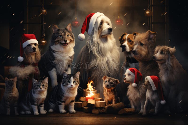 Hund och katt klädd i tomtekonst samlade runt ett vackert julträd royaltyfri illustrationer