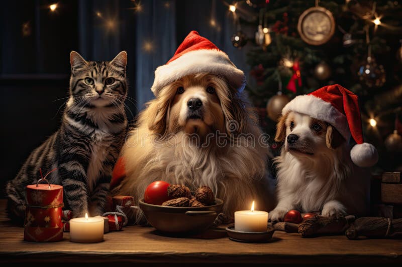 Hund och katt klädd i tomtekonst samlade runt ett vackert julträd vektor illustrationer