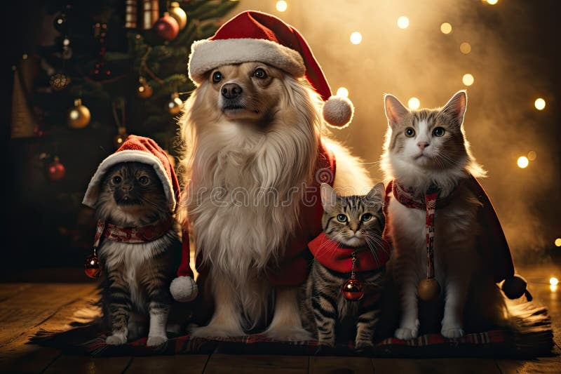 Hund och katt klädd i tomtekonst samlade runt ett vackert julträd vektor illustrationer