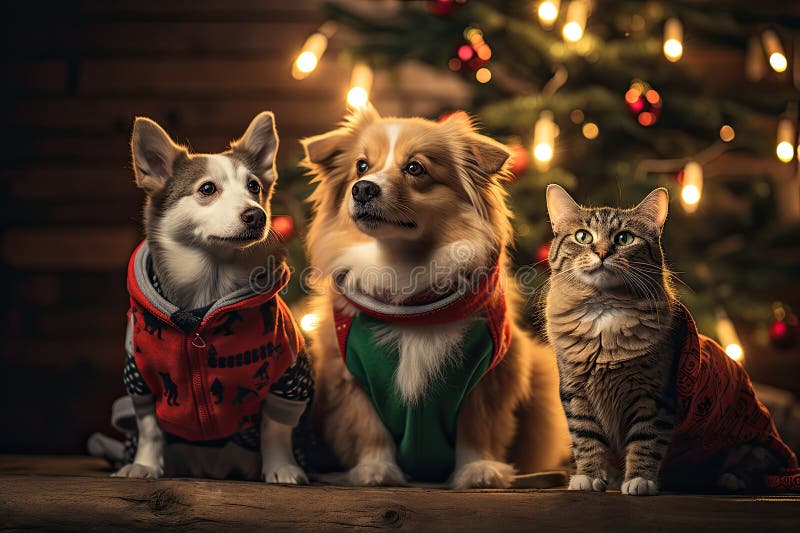 Hund och katt klädd i tomtekonst samlade runt ett vackert julträd stock illustrationer