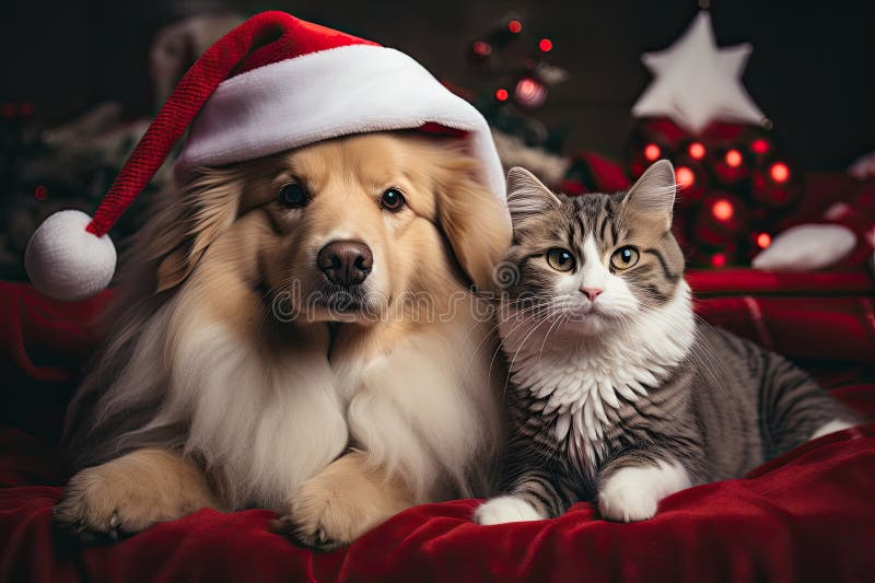 Hund och katt klädd i tomtekonst samlade runt ett vackert julträd royaltyfri illustrationer