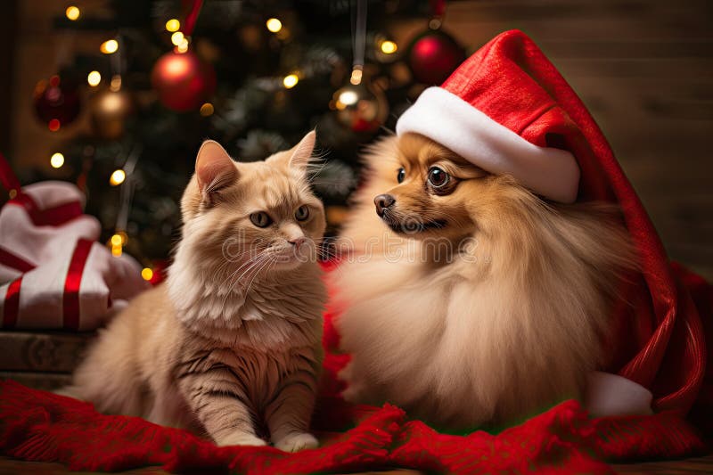 Hund och katt klädd i tomtekonst samlade runt ett vackert julträd vektor illustrationer