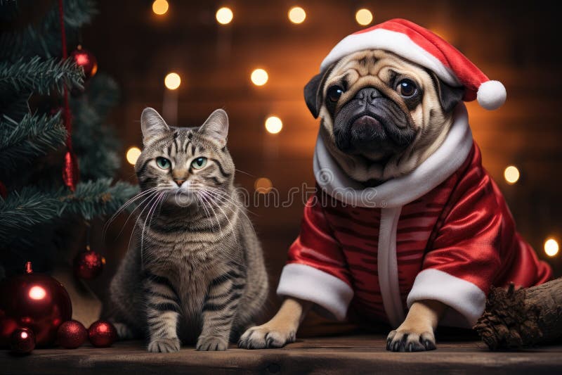 Hund och katt klädd i tomtekonst samlade runt ett vackert julträd stock illustrationer