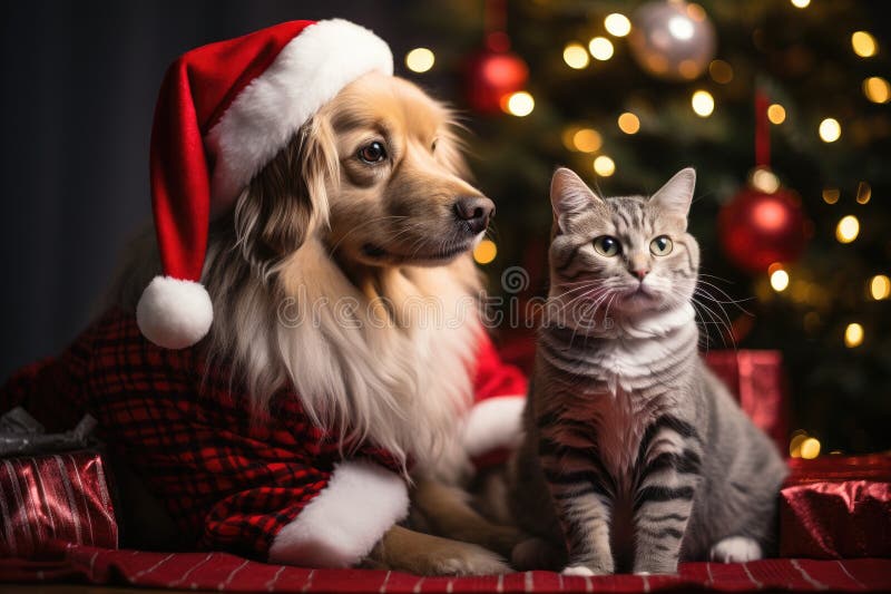 Hund och katt klädd i tomtekonst samlade runt ett vackert julträd vektor illustrationer