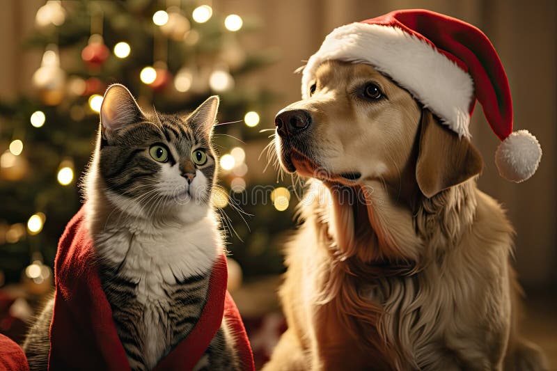 Hund och katt klädd i tomtekonst samlade runt ett vackert julträd vektor illustrationer