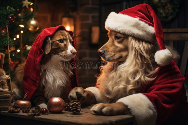 Hund och katt klädd i tomtekonst samlade runt ett vackert julträd royaltyfri illustrationer