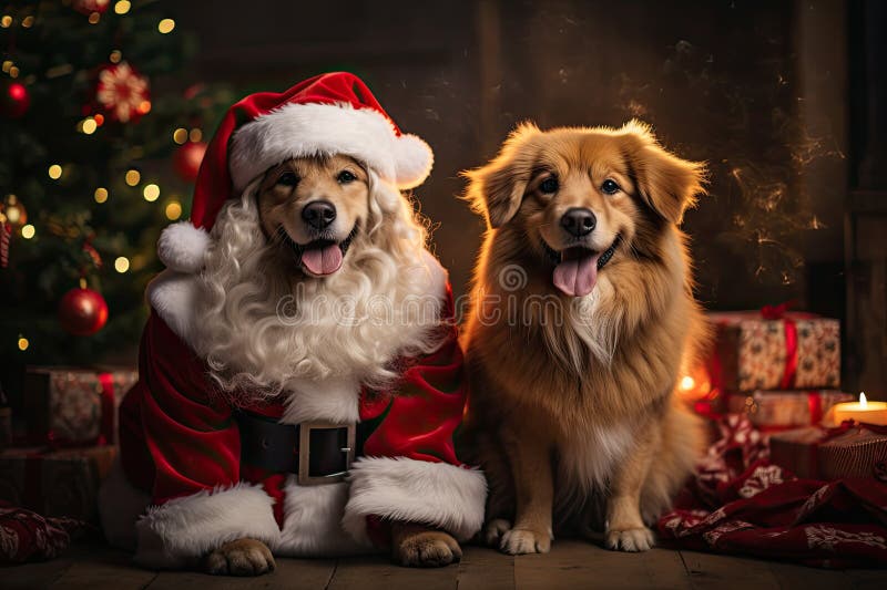 Hund och katt klädd i tomtekonst samlade runt ett vackert julträd stock illustrationer