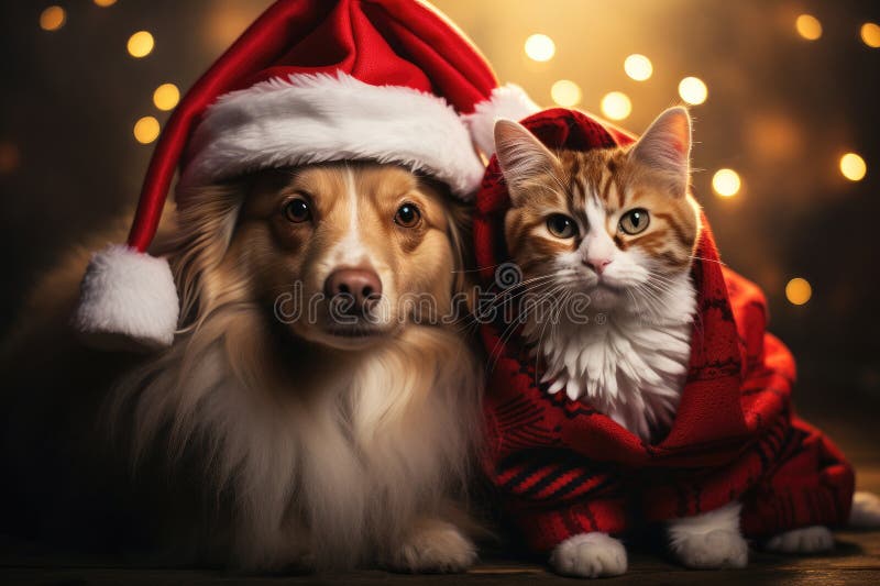 Hund och katt klädd i tomtekonst samlade runt ett vackert julträd stock illustrationer