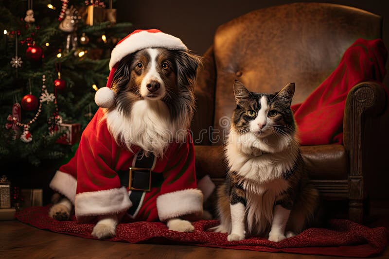 Hund och katt klädd i tomtekonst samlade runt ett vackert julträd royaltyfri illustrationer