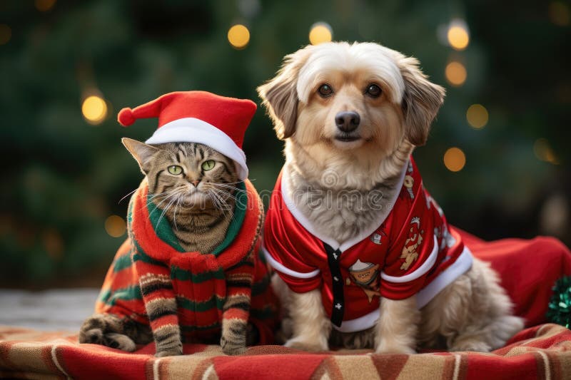 Hund och katt klädd i tomtekonst samlade runt ett vackert julträd stock illustrationer