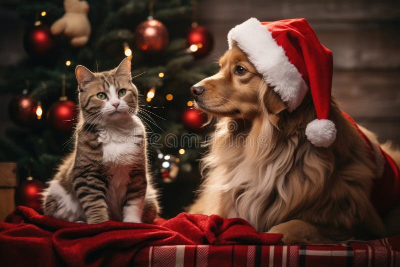 Hund och katt klädd i tomtekonst samlade runt ett vackert julträd royaltyfri illustrationer