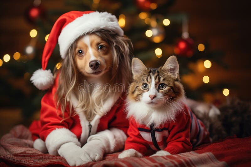 Hund och katt klädd i tomtekonst samlade runt ett vackert julträd royaltyfri illustrationer