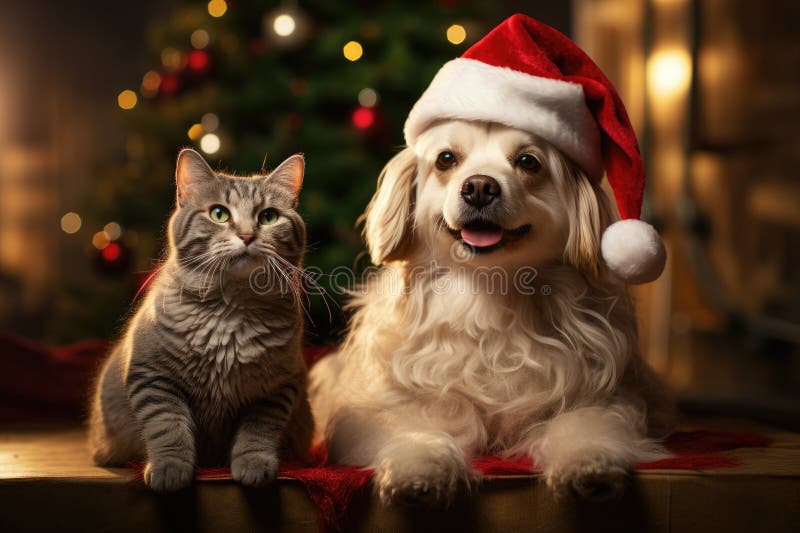 Hund och katt klädd i tomtekonst samlade runt ett vackert julträd royaltyfri illustrationer
