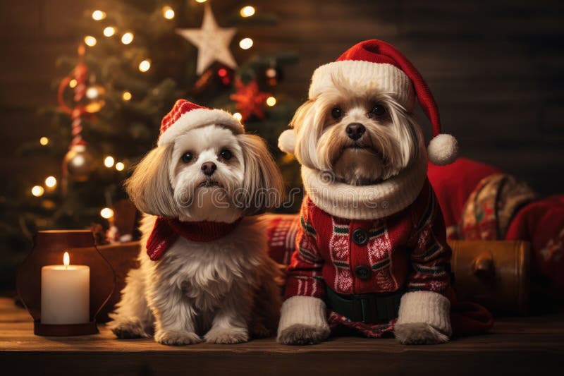 Hund och katt klädd i tomtekonst samlade runt ett vackert julträd royaltyfri illustrationer