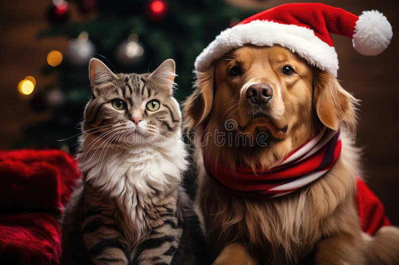 Hund och katt klädd i tomtekonst samlade runt ett vackert julträd stock illustrationer