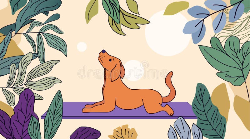 Hunde Yoga Naturszene Relaxkonzept. Orangefarbener Hund, der auf violetter Matte Yoga betreibt, umgeben von üppiger grüner Vegetat lizenzfreie abbildung