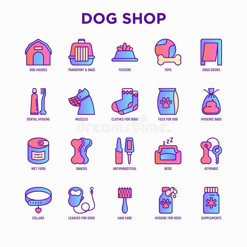 Hundegeschäft dünne Linie Symbole gesetzt : Taschen für Transport-Feeder Spielzeugtüren Dentalhygiene Schnauze Snacks Hygienesäcke