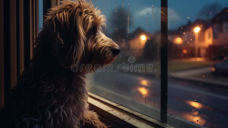 The dog sits and looks out the window waiting for its owner. High quality photo AI generated. The dog sits and looks out the window waiting for its owner. High quality photo AI generated