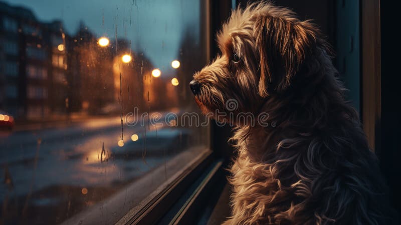 The dog sits and looks out the window waiting for its owner. High quality photo AI generated. The dog sits and looks out the window waiting for its owner. High quality photo AI generated