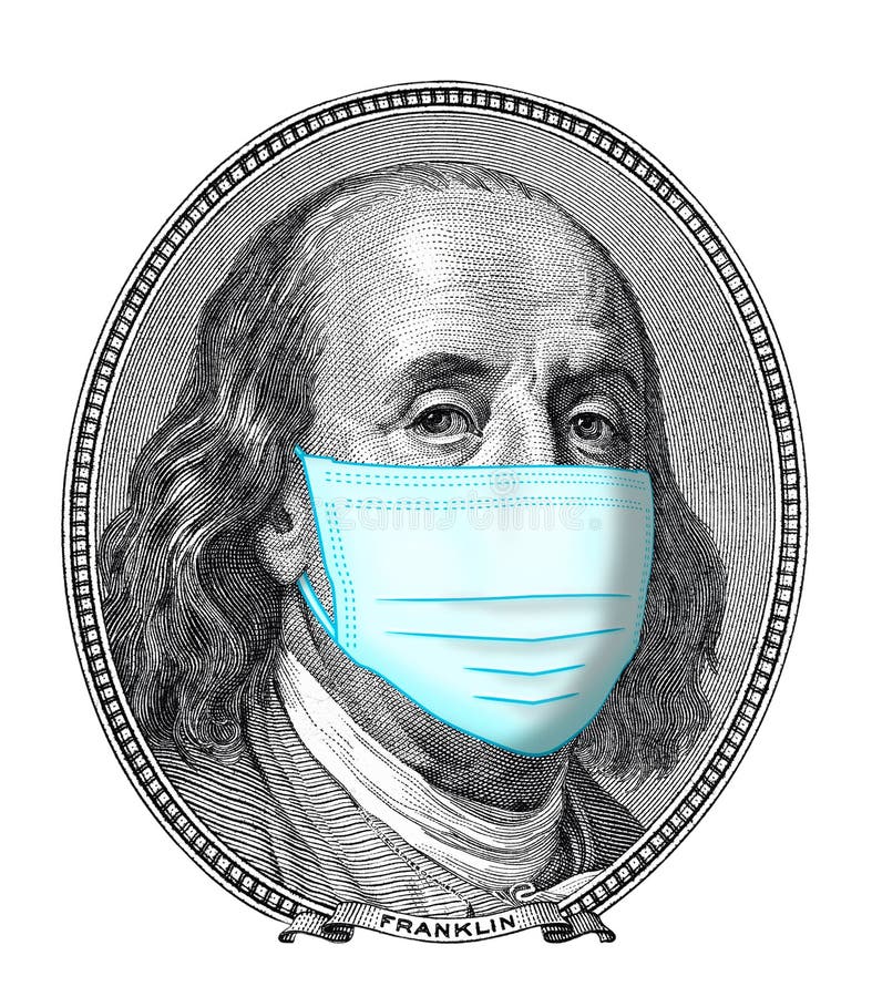 One hundred dollars portrait of Benjamin Franklin wearing Face Masks for virus Protection isolated. One hundred dollars portrait of Benjamin Franklin wearing Face Masks for virus Protection isolated.