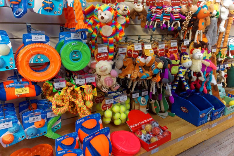 Hundleksaker i älsklings- shoppar skärm arkivbilder Hundleksaker i älsklings- shoppar skärm arkivbilder