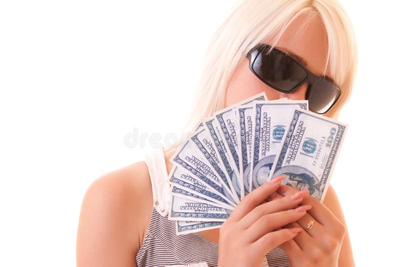 Hundreds of dollars on young woman background